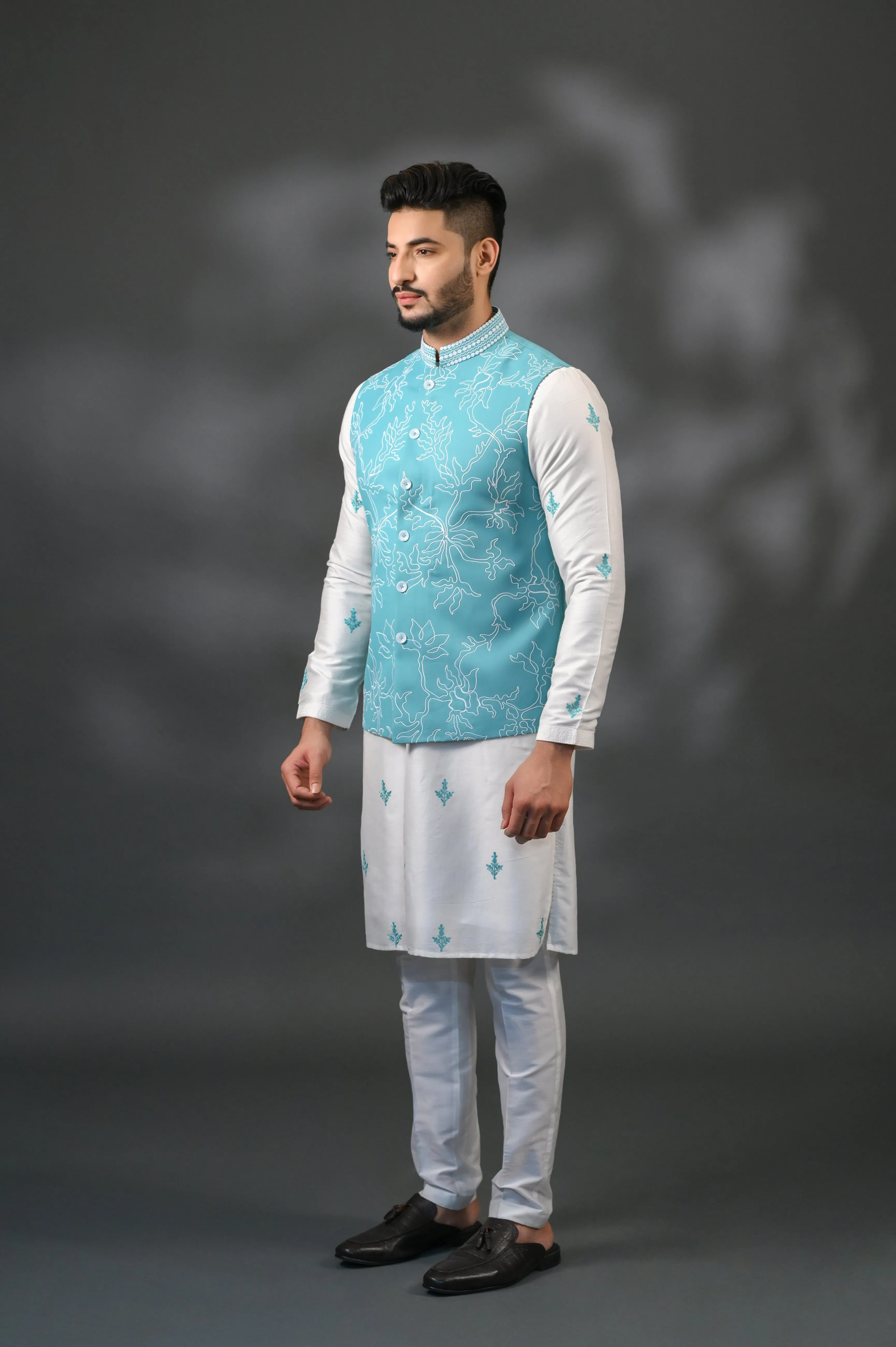 Aqua Chanderi Silk Jacket Set With All Over Embose Print