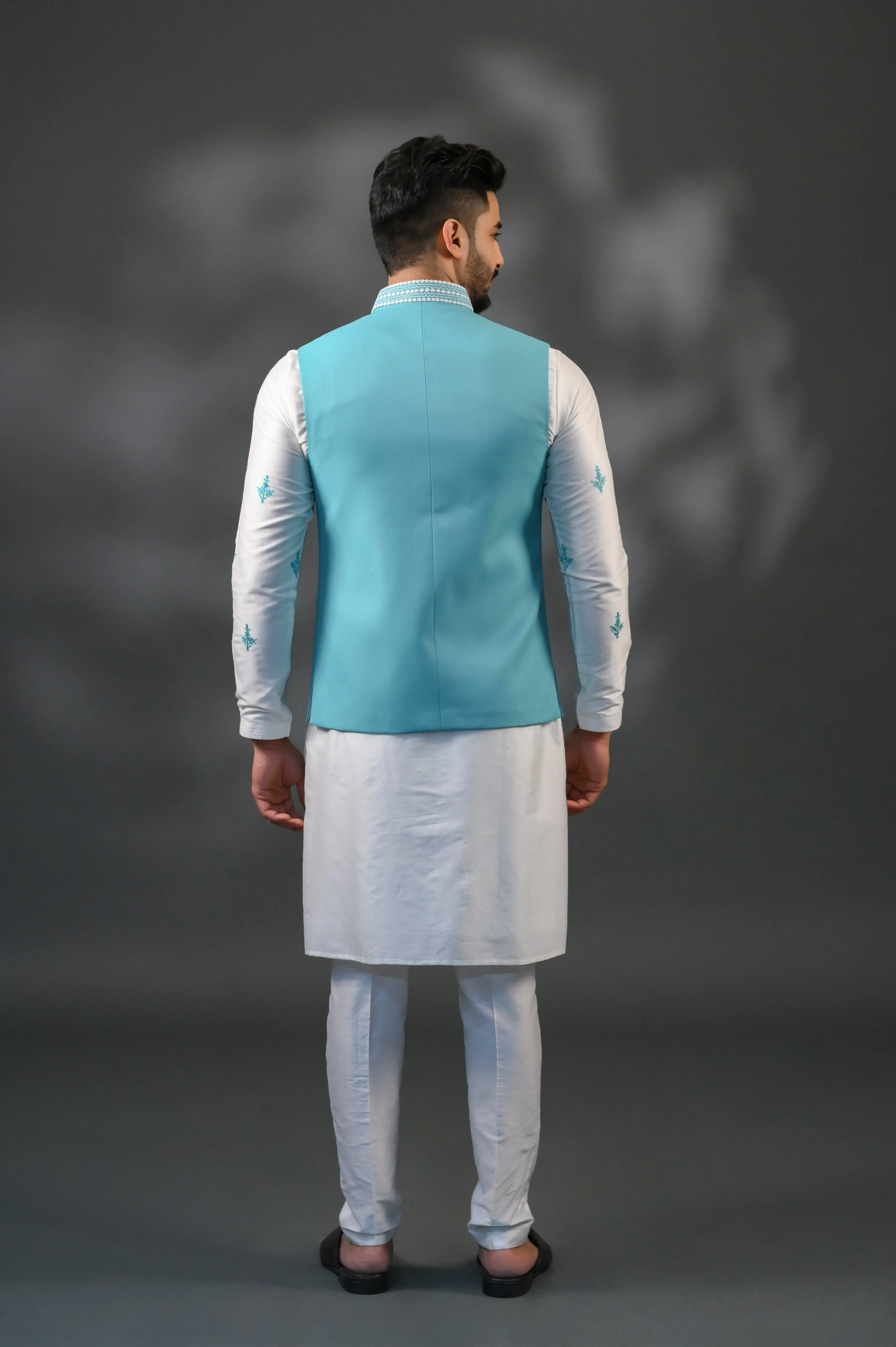 Aqua Chanderi Silk Jacket Set With All Over Embose Print