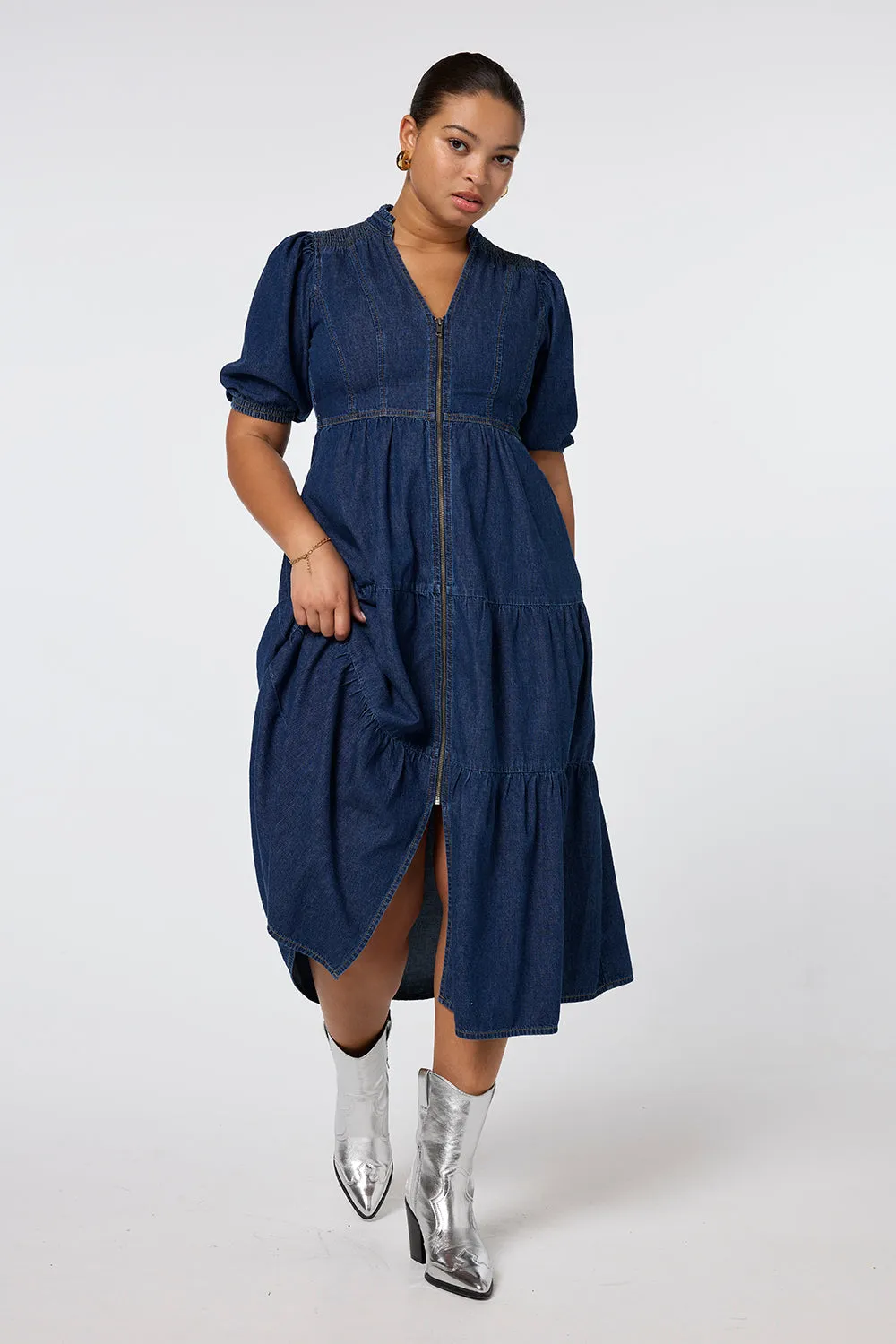 Authentic Indigo Zip Detail Tiered Midi Denim Dress