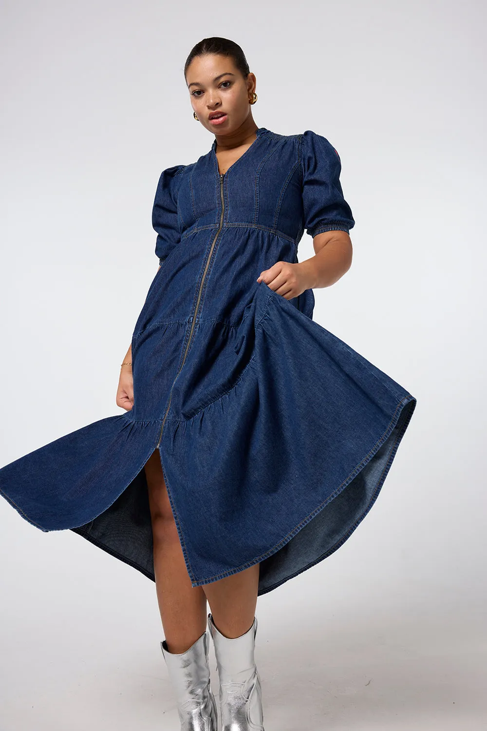 Authentic Indigo Zip Detail Tiered Midi Denim Dress