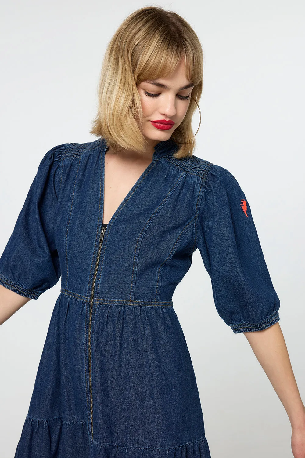 Authentic Indigo Zip Detail Tiered Midi Denim Dress