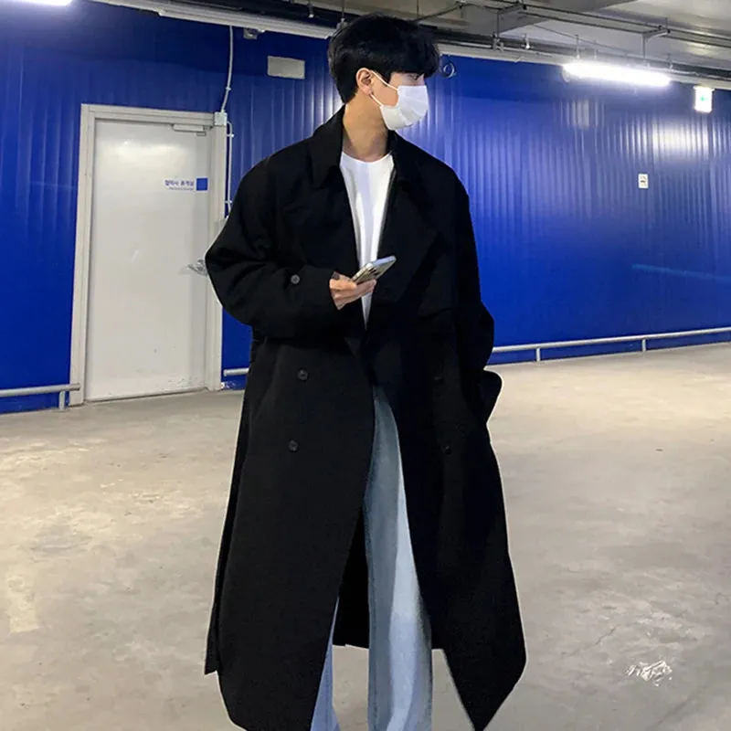 Autumn Winter Overcoat Men's Mid Length Coat Korean Fashion Loose Knee Over British Trench With Cotton Windbreakers 9C1874