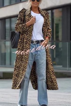 Be Free Velvet Leopard Print Long Sleeve Loose Midi Trench Coat