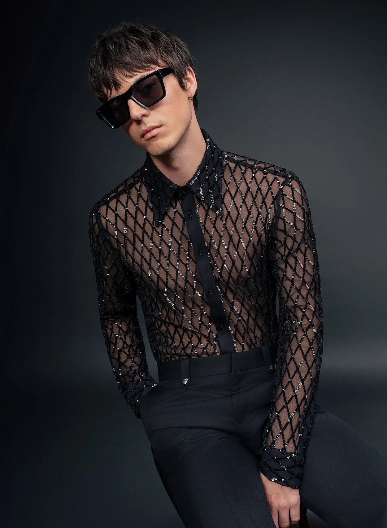 Black Diamond Sequin Embellished Lace Shirt