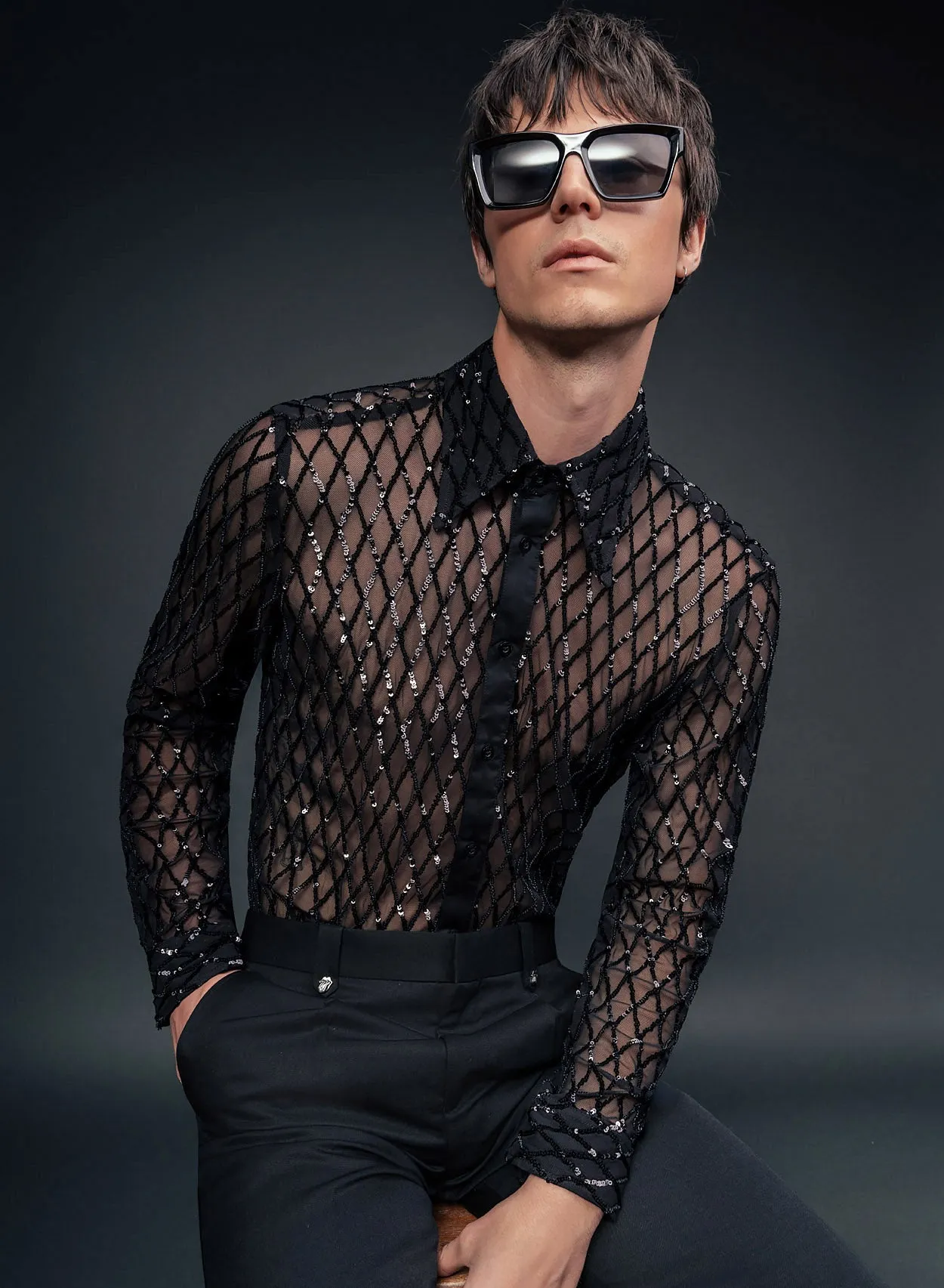 Black Diamond Sequin Embellished Lace Shirt