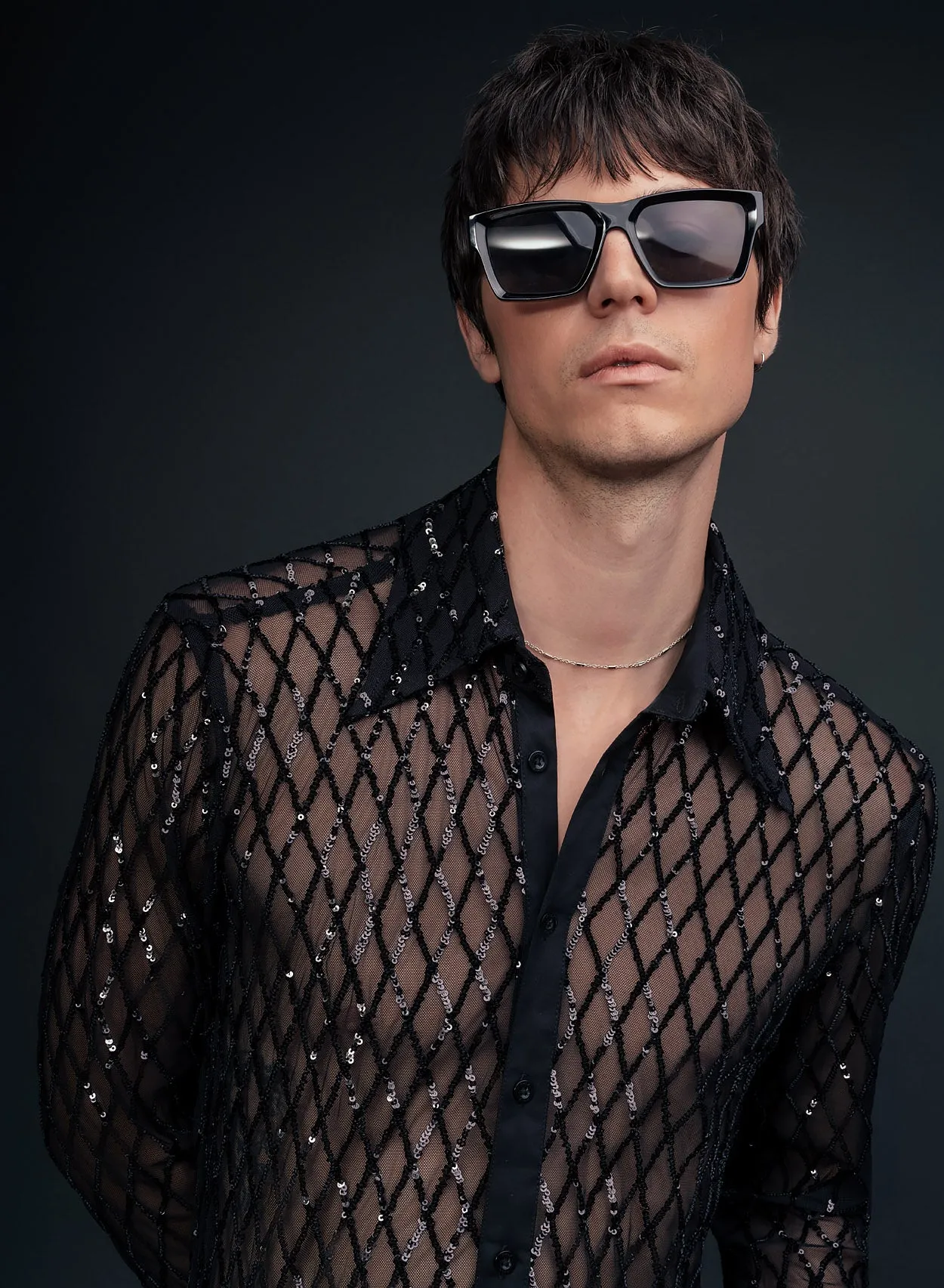 Black Diamond Sequin Embellished Lace Shirt