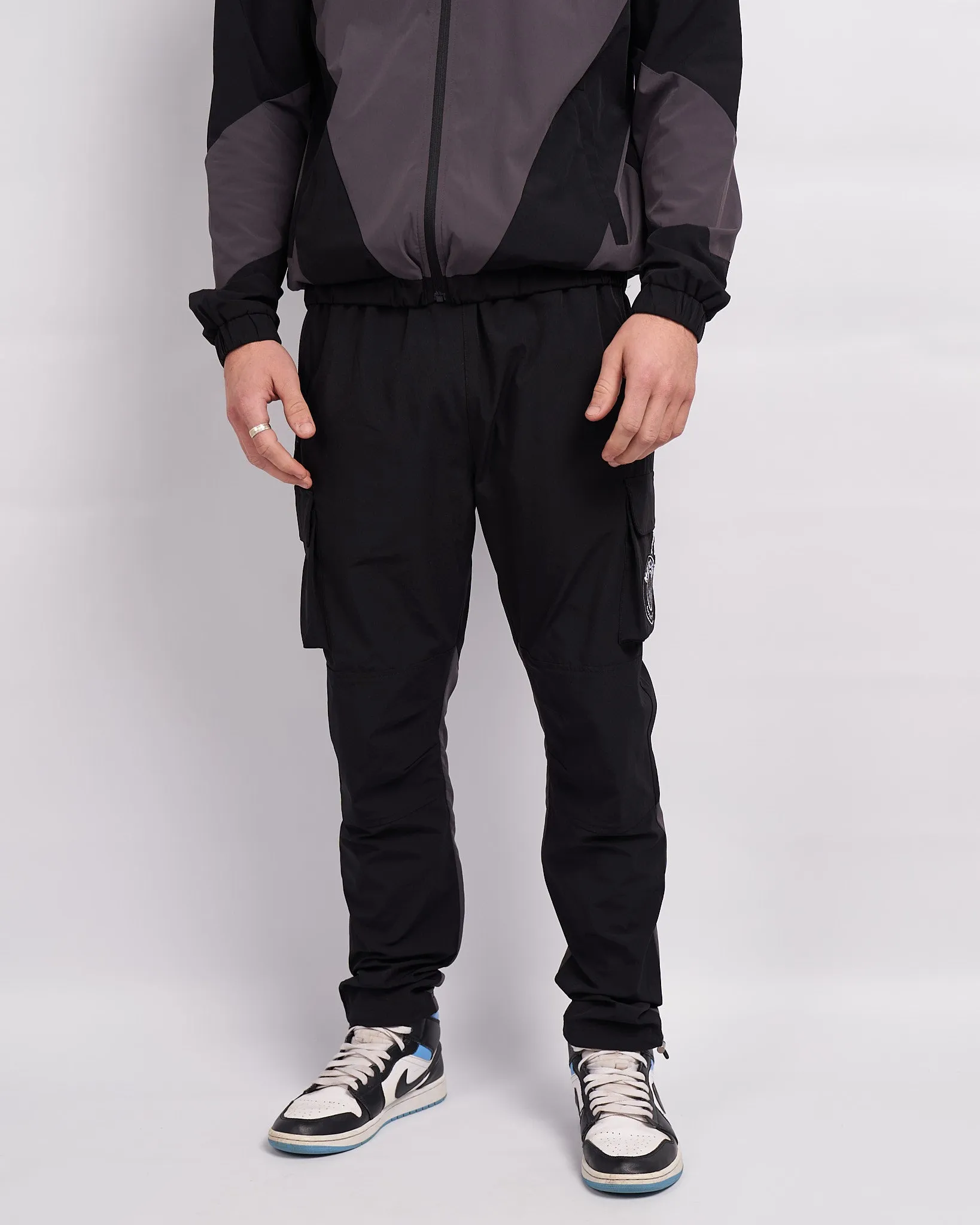 Black Grey Mono Badge Panelled Cargos