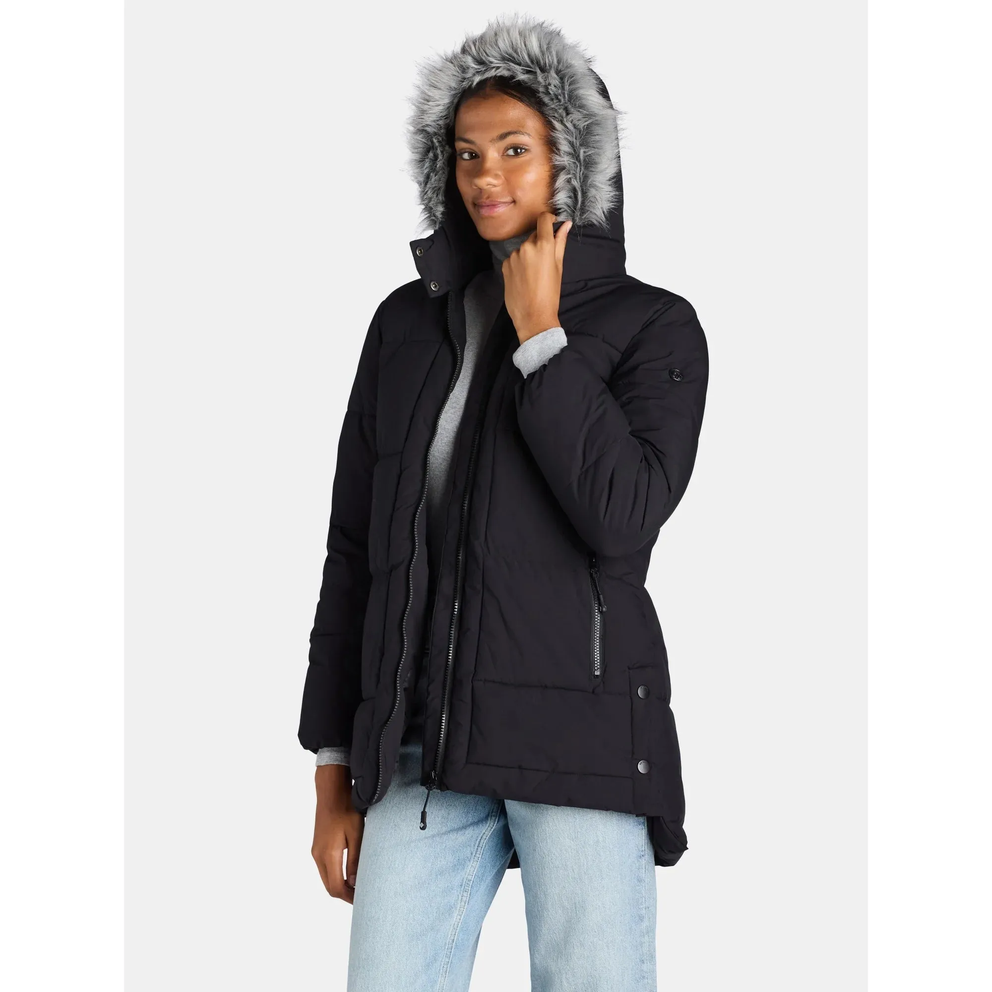 Black Wide Quilted Puffer Coat with Faux Fur Trim Hood Grey