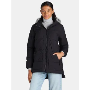 Black Wide Quilted Puffer Coat with Faux Fur Trim Hood Grey