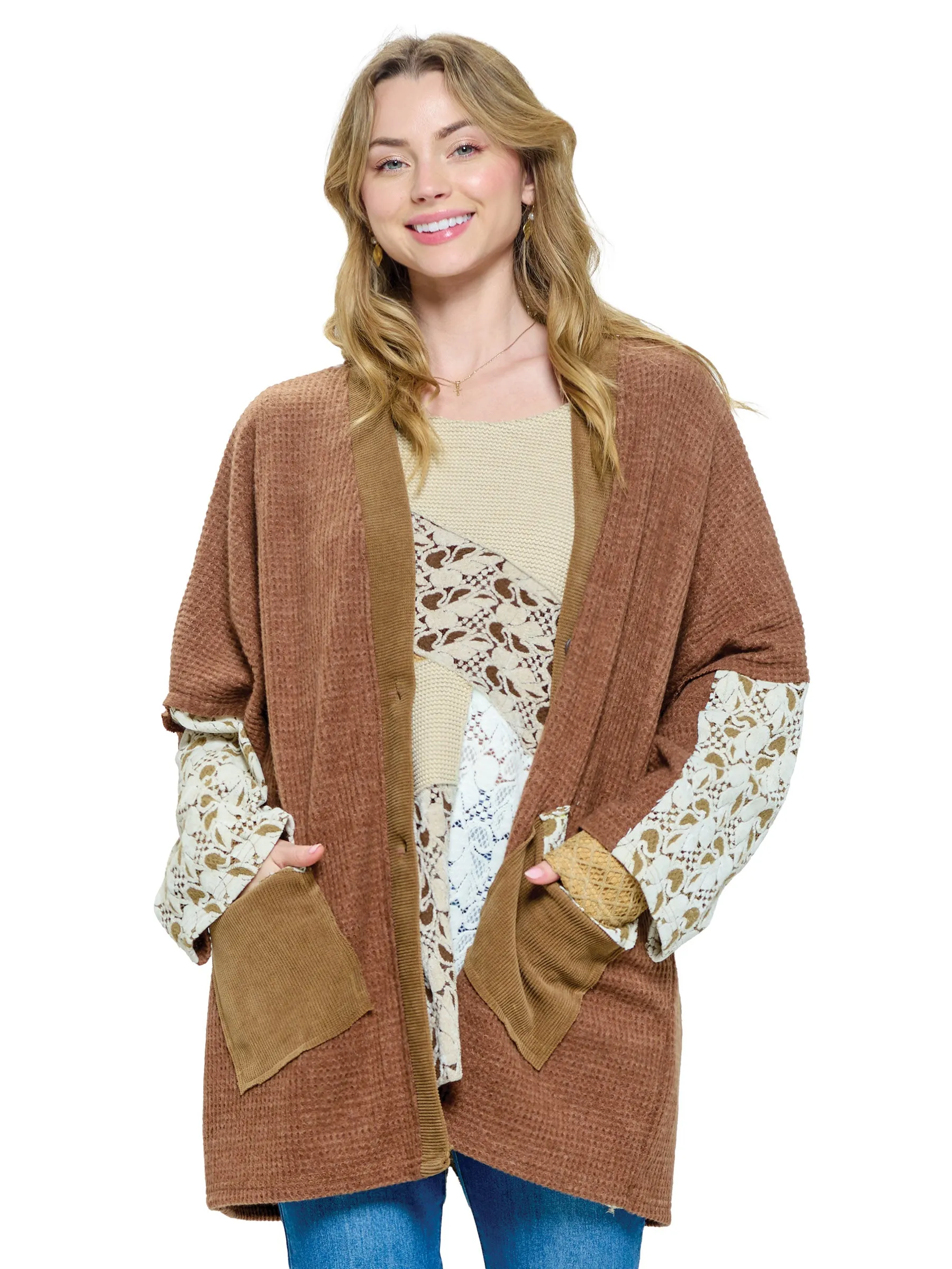 Cardigan Oversized Colorblock Velvet Lace