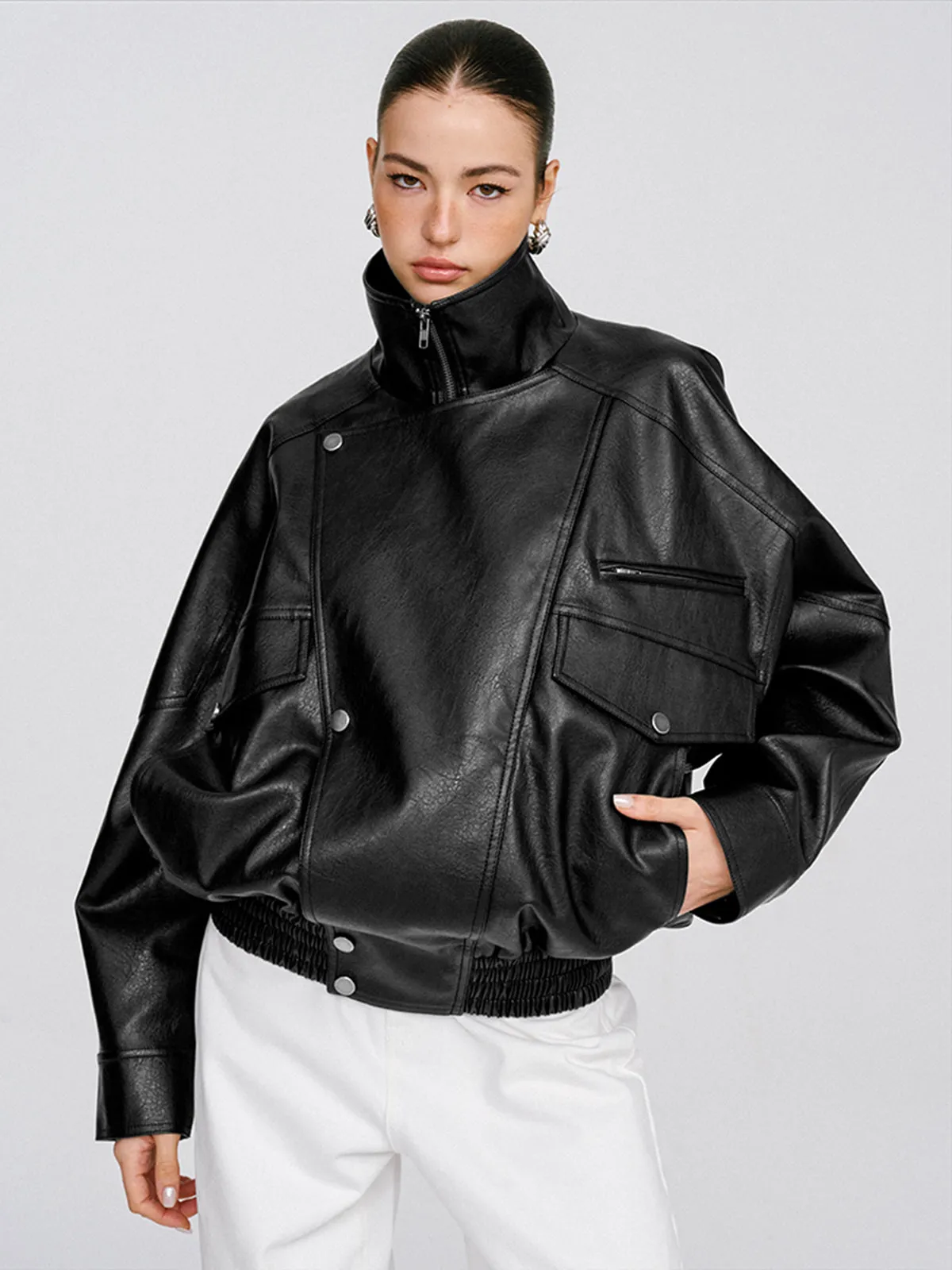 Chicmy-Autumn Jackets Outwear Asymmetrical Zipper Faux Leather Jacket