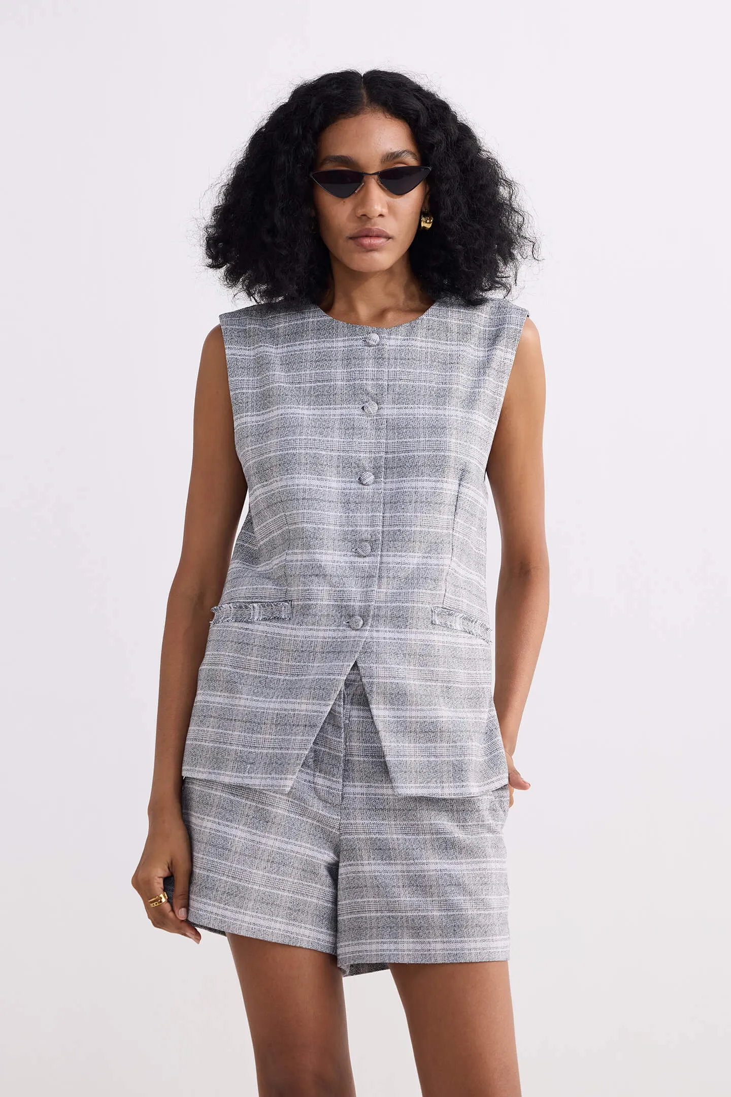 Cotton Tweed Vest Jacket in Grey