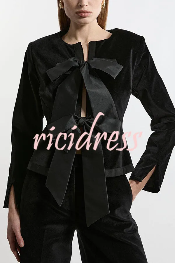 Cue The Cocktails Velvet Tailored Taffeta Bow Detail Peplum Jacket