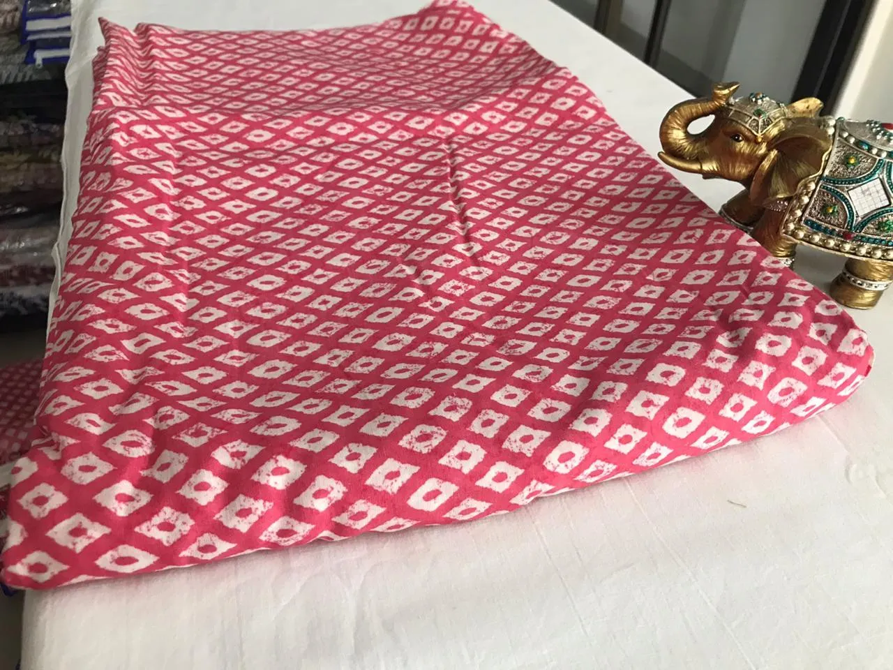 Dark Pink White Geometric Hand Screen Printed Viscose Muslin Silk Fabric