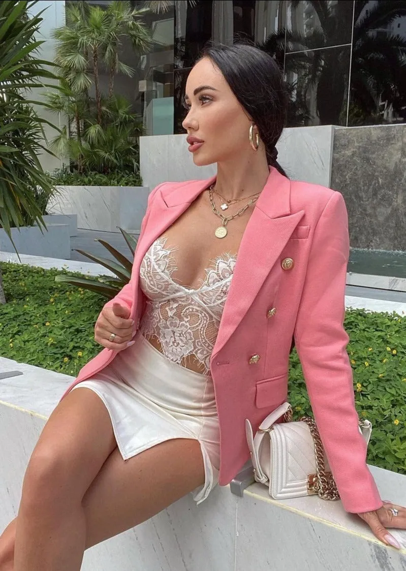 Double-breasted Textured Pink Blazer