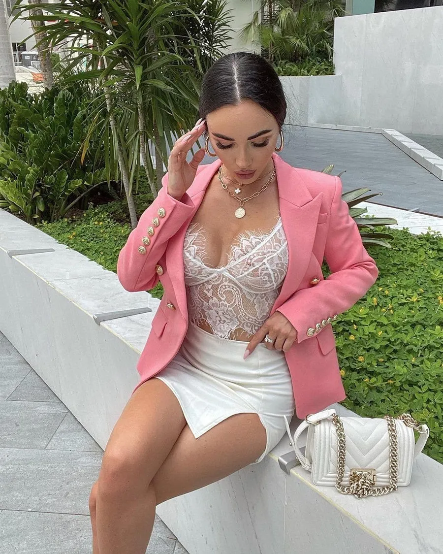 Double-breasted Textured Pink Blazer