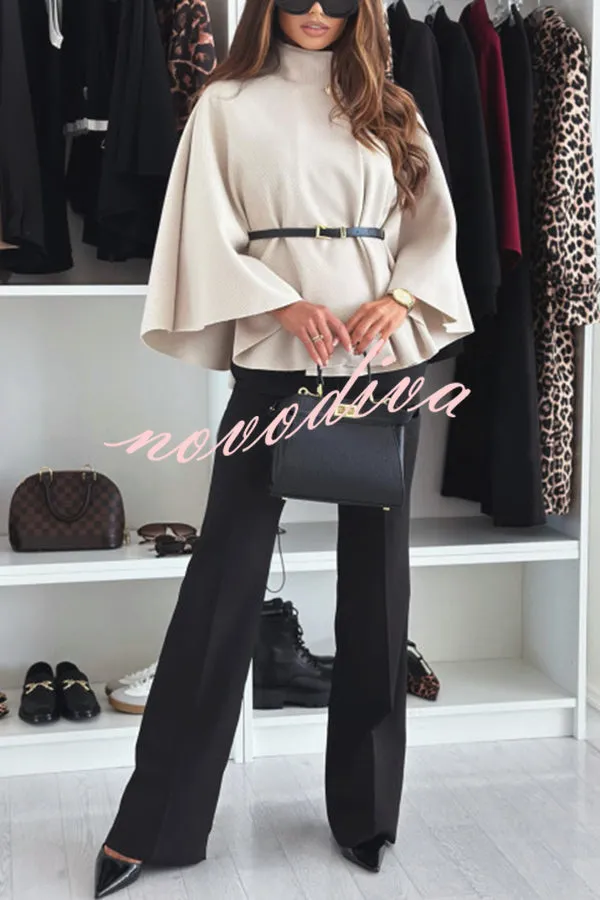 Elegant Moment Woolen Button Turtleneck Belted Oversized Cape