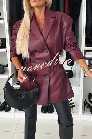 Fashionable Items Faux Leather Button Up Elastic Waistband Lapel Blazer