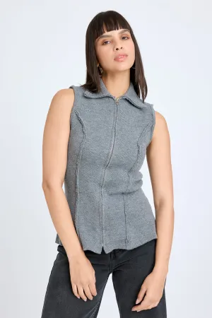 Grey Sleeveless Collared Jacket