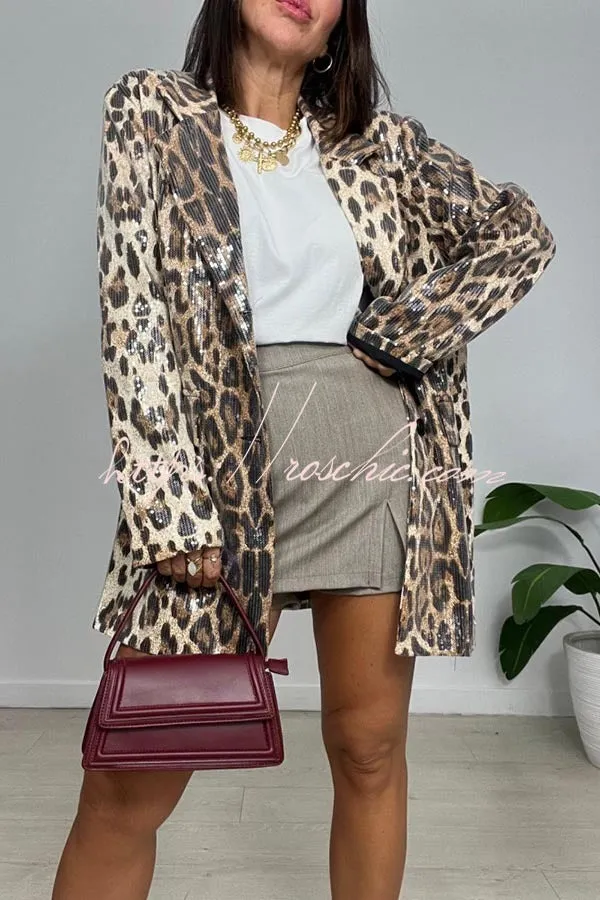 Ignite My Heart Sequin Leopard Print Lapel Oversized Blazer