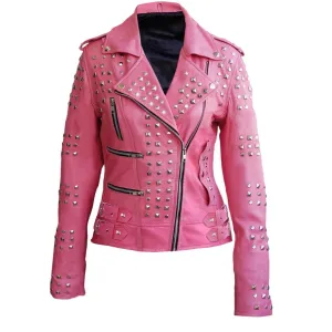 Linda Pink Studded Studs Genuine Leather Jacket