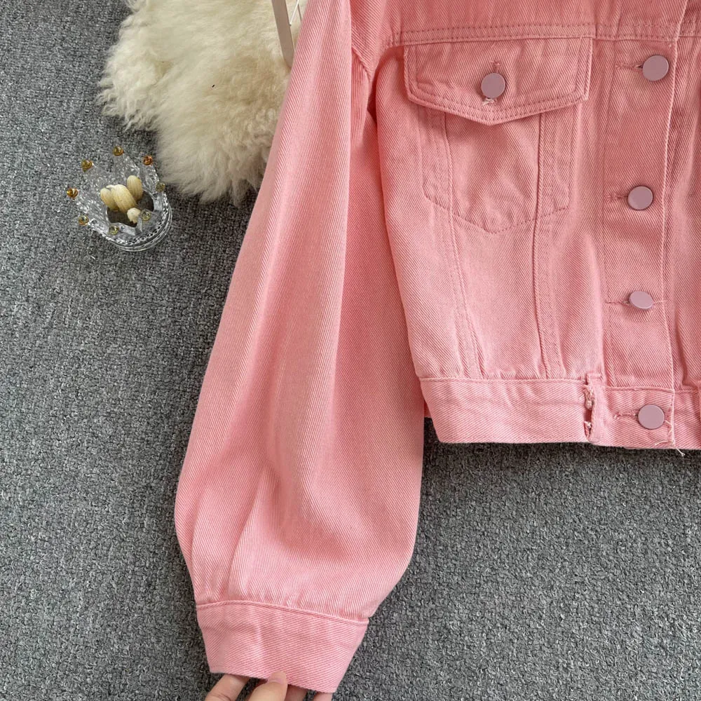 Loose Versatile Pink Denim Jacket