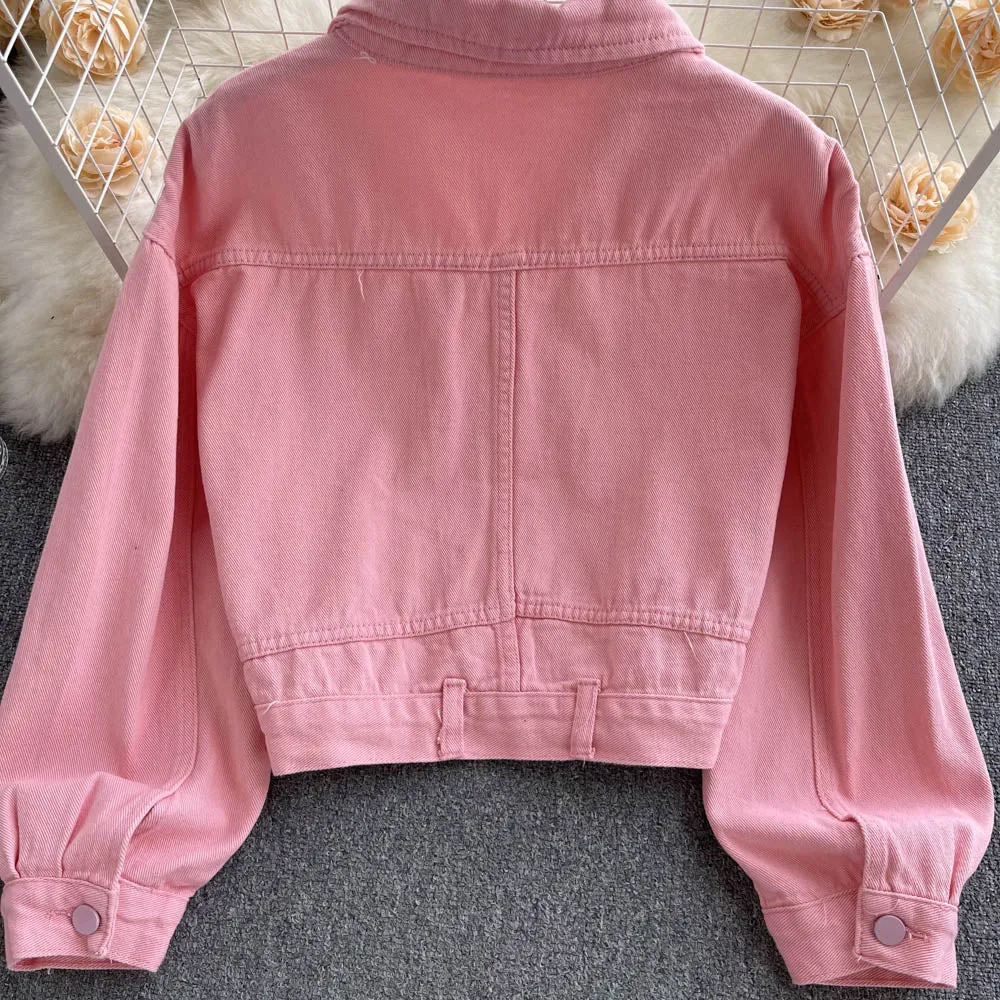 Loose Versatile Pink Denim Jacket