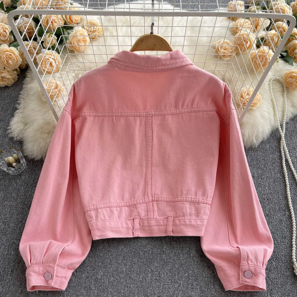 Loose Versatile Pink Denim Jacket