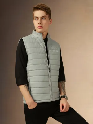 Men's Ash Grey Solid Mock Neck Sleeveless Regular Fit Reversible Padded Jacket