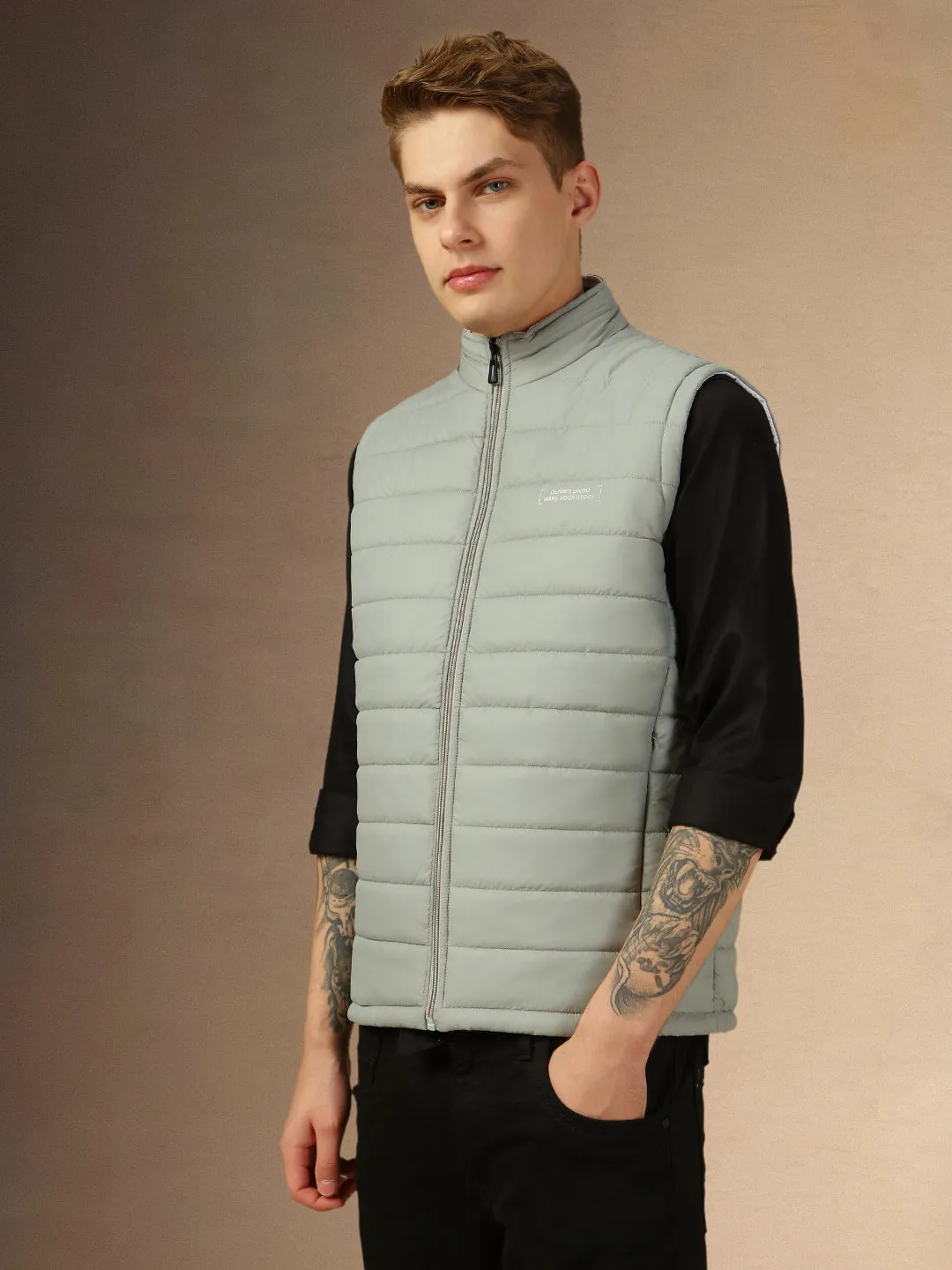 Men's Ash Grey Solid Mock Neck Sleeveless Regular Fit Reversible Padded Jacket