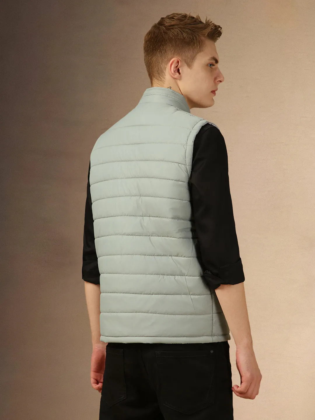 Men's Ash Grey Solid Mock Neck Sleeveless Regular Fit Reversible Padded Jacket