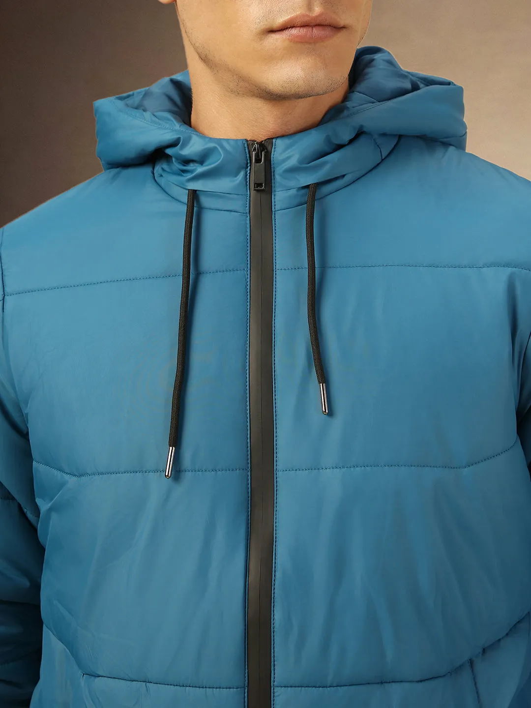 Men's Blue Hooded Full Sleeves Puffer Jacket