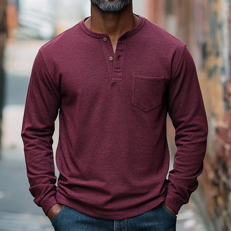 Men's Casual Versatile Burgundy Henley Collar Long Sleeve T-Shirt 07623233F