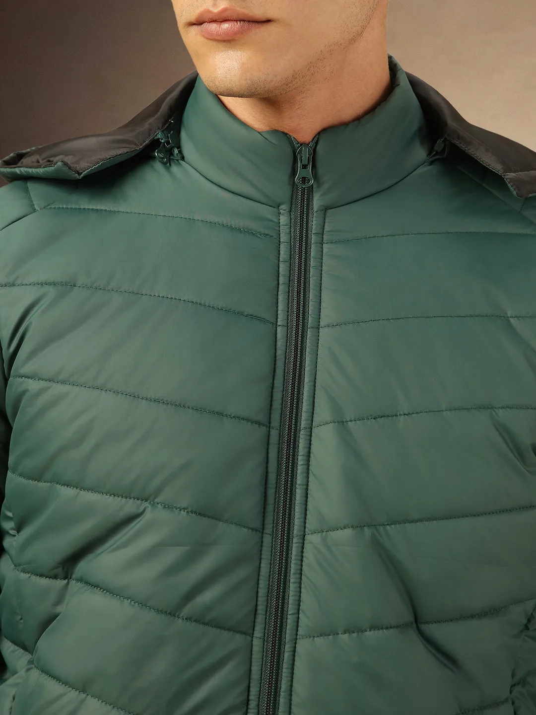 Men's Green Regular Fit Hooded Puffer Jackets