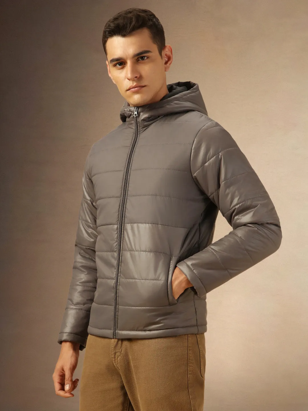 Men's Grey Hooded Full Sleeves Puffer Jacket