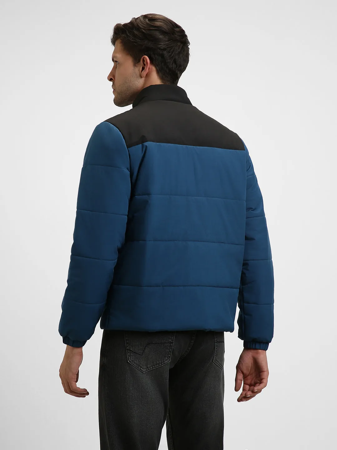 Men's High Neck Regular Fit Colourblock Quilted Teal Jackets