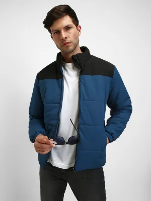 Men's High Neck Regular Fit Colourblock Quilted Teal Jackets