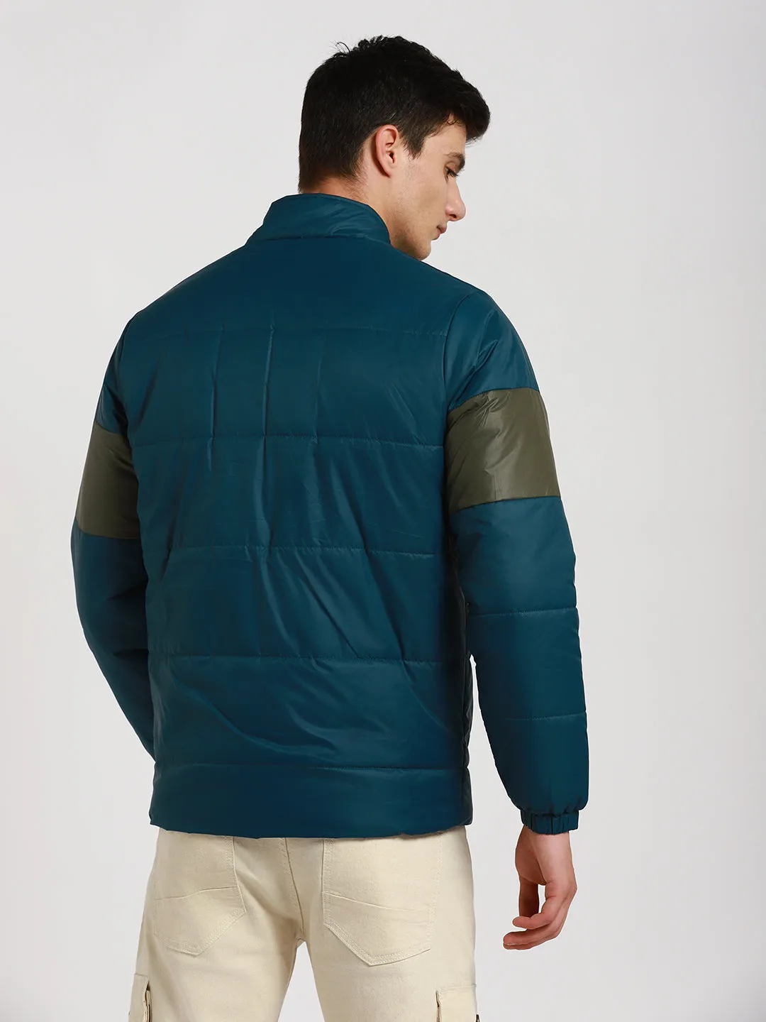 Men's High Neck Regular Fit Panelled Turqouise Green Jackets