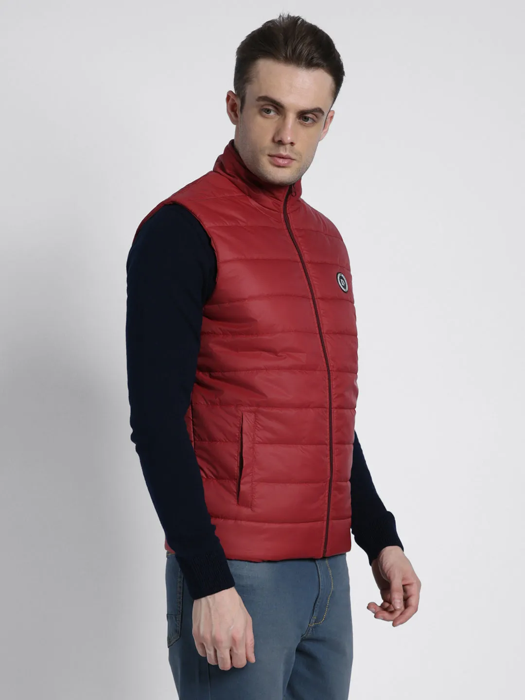 Men's High Neck Regular Fit Solid Quilted Barley Red Jackets