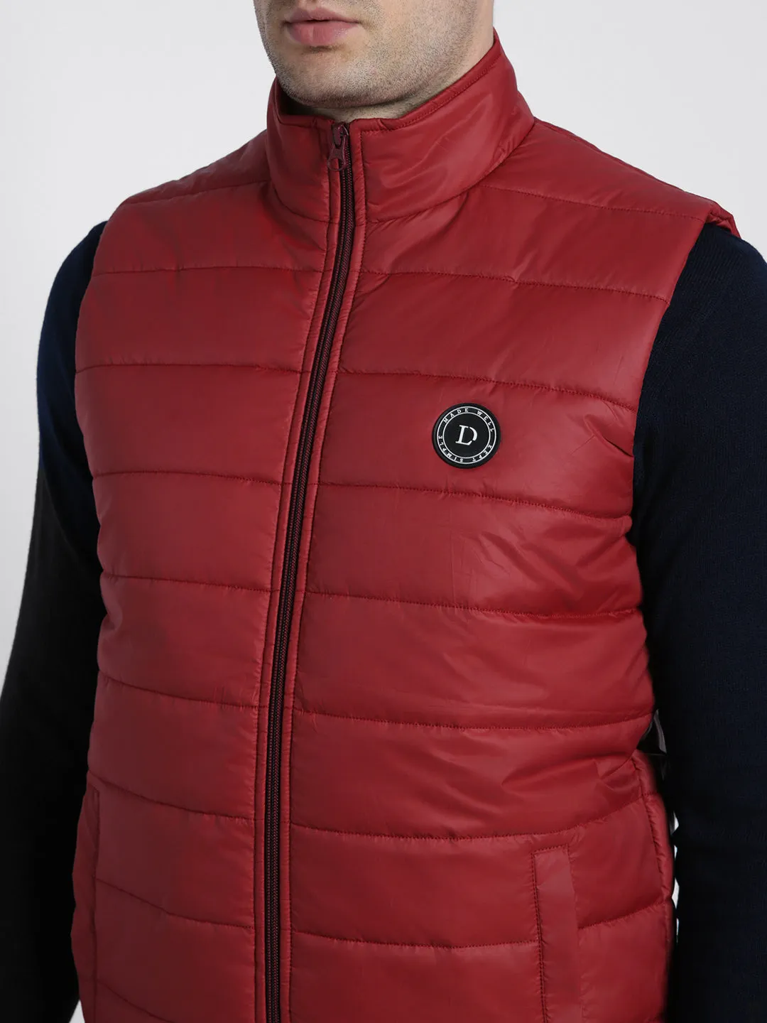 Men's High Neck Regular Fit Solid Quilted Barley Red Jackets