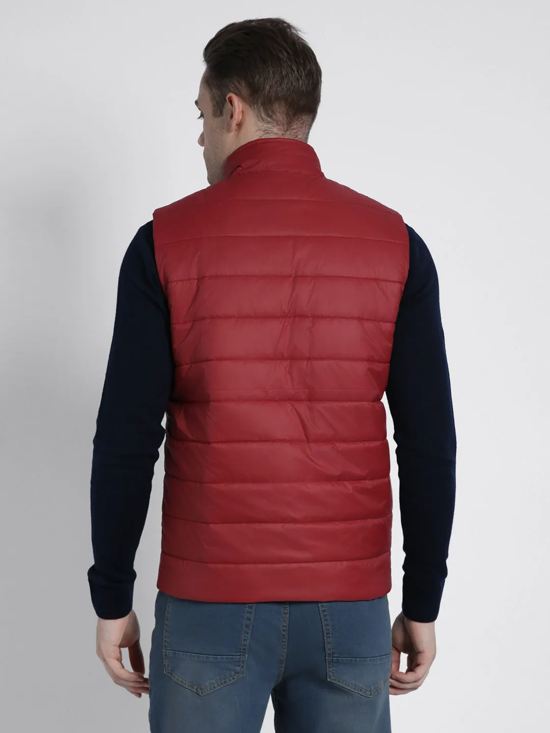 Men's High Neck Regular Fit Solid Quilted Barley Red Jackets