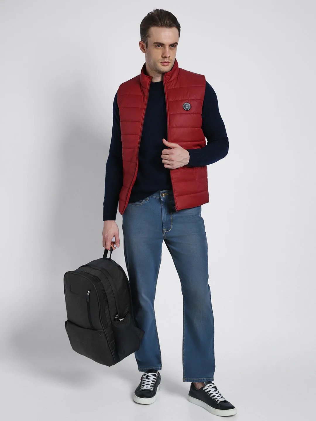 Men's High Neck Regular Fit Solid Quilted Barley Red Jackets