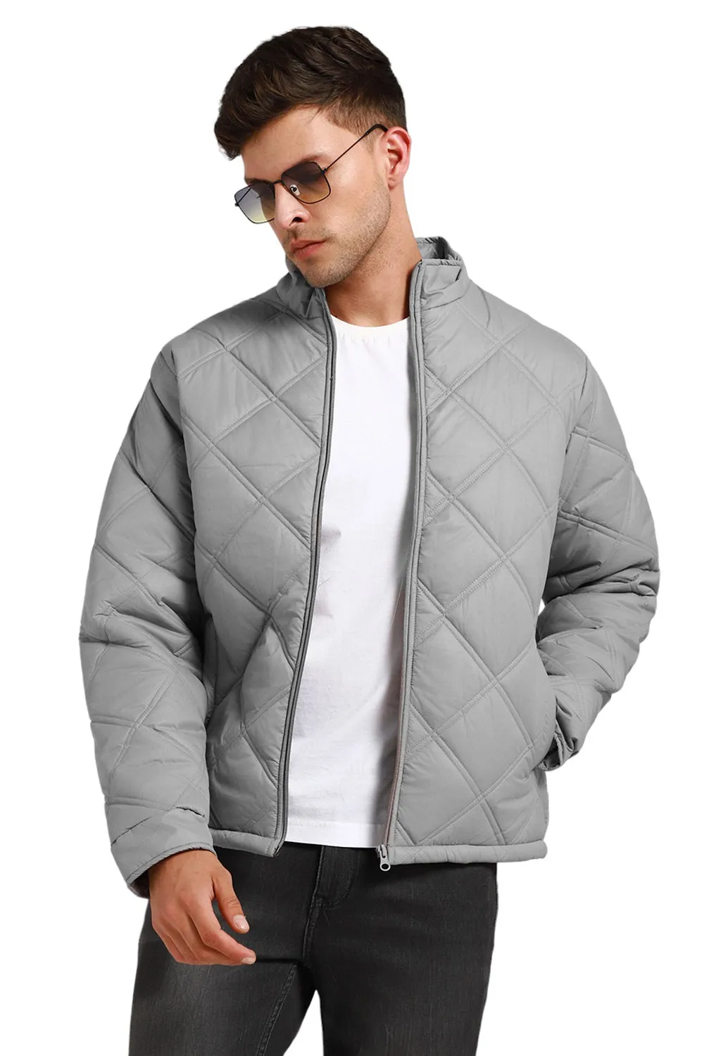 Men's High Neck Regular Fit Solid Quilted Light Grey Jackets