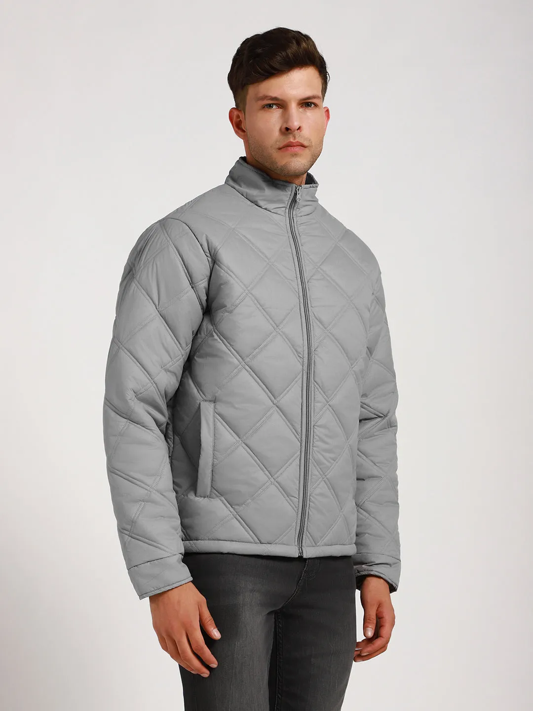 Men's High Neck Regular Fit Solid Quilted Light Grey Jackets