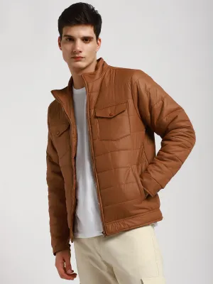 Men's High Neck Regular Fit Solid With Patch Pocket Khaki Jackets