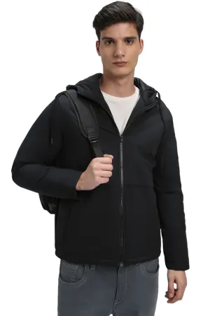 Men's Hooded Regular Fit Solid Panelled Black Jackets