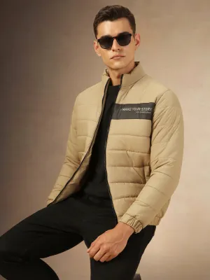 Men's Khaki Mock Neck Full Sleeves Puffer Jacket