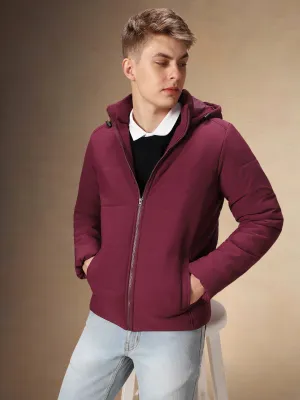 Men's Maroon Solid Hooded Full Sleeves Jacket