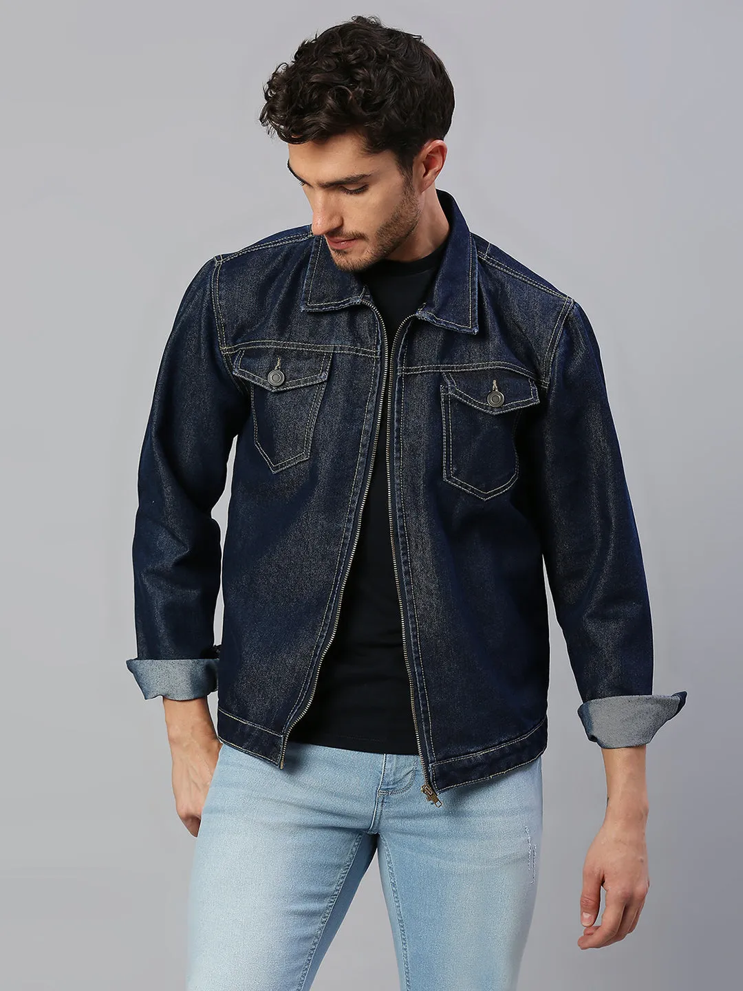 Men's Regular Fit Long Sleeve Zipper Front Denim Jacket Lightweight Zip Up Trucker Jacket (Dark Blue)