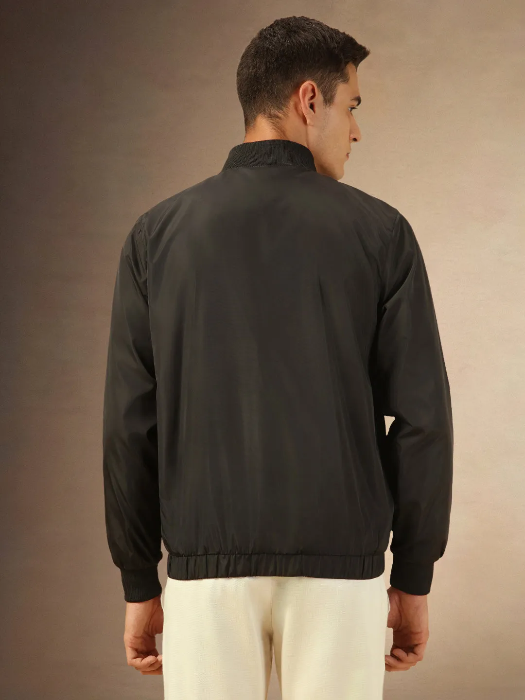 Men's Solid Black Rib Collar Full Sleeves Bomber Jacket